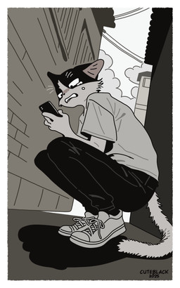 anthro bodily_fluids border bottomwear clothing crouching crying electronics footwear low-angle_view male pants phone shirt shoes sky solo street tears topwear white_border cuteblack domestic_cat felid feline felis mammal 5:8 hi_res