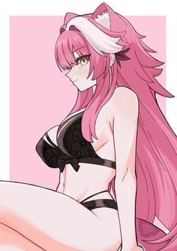 belly big_breasts black_clothing black_lingerie breasts clothing female female_humanoid hair lingerie pink_hair side_boob side_view simple_background solo yellow_eyes eduson hololive hololive_en vtuber raora_panthera animal_humanoid felid felid_humanoid humanoid mammal mammal_humanoid pantherine pantherine_humanoid absurd_res hi_res