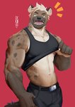 anthro bottomwear clothing fur hair male muscular muscular_anthro muscular_male red_background shirt simple_background solo tank_top topwear ixkouu hyena mammal spotted_hyena 2021 digital_media_(artwork) hi_res