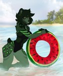 5_fingers anthro beach biped black_clothing black_outfit black_swimwear blurred_background breasts clothed clothing cloud fangs female fingers food fruit fur green_body green_eyes green_fur green_hair green_nose hair hands_on_object inflatable inner_tube kneeling looking_at_viewer markings melon outside plant sand sea seaside short_tail sky smile solo spots spotted_body striped_body stripes swim_ring swimwear swimwear_only tail teeth water watermelon watermelon_pattern nomirin raylin bear mammal absurd_res digital_media_(artwork) hi_res