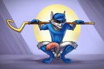 anthro athletic balls big_balls big_penis clothed clothing crouching foreskin genitals looking_at_viewer male partially_clothed penis saggy_balls skinny smile solo thick_penis tompi_(artist) sly_cooper_(series) sony_corporation sony_interactive_entertainment sucker_punch_productions sly_cooper mammal procyonid raccoon hi_res