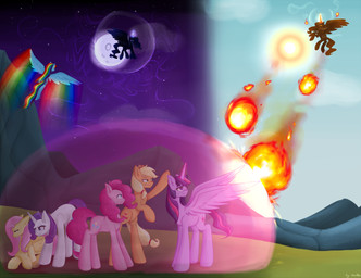 bodily_fluids cutie_mark day feral group horn moon night sky sun tears wings mailner friendship_is_magic hasbro my_little_pony mythology applejack_(mlp) fluttershy_(mlp) mane_six_(mlp) pinkie_pie_(mlp) princess_celestia_(mlp) princess_luna_(mlp) rainbow_dash_(mlp) rarity_(mlp) twilight_sparkle_(mlp) earth_pony equid equine horse mammal mythological_creature mythological_equine pegasus pony unicorn winged_unicorn absurd_res hi_res