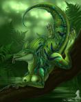 anthro black_claws blue_markings branch breasts claws cloud female fern green_body green_scales green_tongue in_tree looking_at_viewer markings nipples non-mammal_breasts non-mammal_nipples nude outside plant pupils scales sky slit_pupils solo tail tongue tongue_out tree yami_griffin helmeted_lizard lizard reptile scalie green_theme hi_res signature