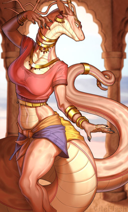 5_fingers accessory anthro big_breasts black_claws bottomwear bracelet breasts claws cleavage clothed clothing dancing female fingers furgonomics gold_(metal) gold_bracelet gold_jewelry jewelry long_tail navel non-mammal_breasts pink_body red_clothing red_topwear snout solo tail tail_accessory tail_bracelet tail_jewelry topwear yellow_body yellow_eyes neoshka reptile scalie snake 2026 colored digital_drawing_(artwork) digital_media_(artwork) hi_res shaded