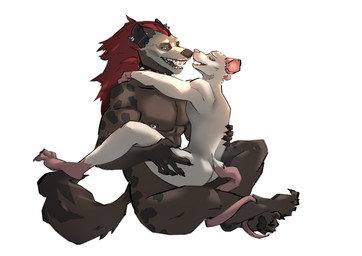 animal_hands animal_legs anthro big_ears big_nose bone brown_body brown_ears brown_nose brown_skin claws collar duo ear_piercing fangs fur hair hug hyena_tail legs_up looking_at_another love male nipple_piercing nipples piercing pink_ears pink_nose rat_tail red_eyes red_hair ring_piercing simple_background sitting sitting_on_another sitting_on_ground size_difference skull skull_head skull_tattoo smile spiked_collar spikes tail tail_around_leg tail_motion tattoo teeth white_background white_body white_fur yellow_eyes thistich grim_(hyena) rikkit_(rat) hyena mammal murid murine rat rodent absurd_res digital_drawing_(artwork) digital_media_(artwork) hi_res