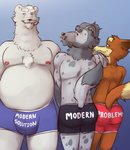 anthro belly black_nose bulge butt clothing facial_hair group humor husband male male/male moobs mustache nipples overweight overweight_male simple_background text underwear daxhush ben_thompson daniel_thompson jeryl bear canid canine mammal polar_bear ursine 2020 hi_res meme andromorph_(lore) trans_(lore) trans_man_(lore)