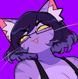 anthro bangs black_hair breasts cat_smile cleavage clothed clothing eyelashes eyewear female fur glasses hair inner_ear_fluff markings purple_background purple_body purple_fur rectangular_glasses short_hair simple_background solo striped_markings stripes tuft whiskers yellow_sclera dvampiresmile molly_(dvampiresmile) domestic_cat felid feline felis mammal 2025 bust_portrait icon portrait