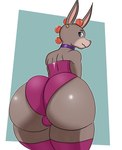 anthro big_butt butt collar hair huge_butt looking_at_viewer looking_back male orange_hair piercing purple_collar simple_background smile solo thick_thighs cherryfox73 illie_(cherryfox73) asinus donkey equid equine mammal absurd_res hi_res