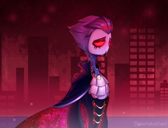 4_eyes anthro beak boss cape city cityscape clothed clothing detailed_background hell magic makeup male multi_eye neon outside running_makeup sad slimorinkaowo hellaverse helluva_boss stolas_(helluva_boss) avian bird demon owl signature