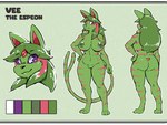 anthro breasts female forked_tail front_view fur gem genitals green_body green_fur green_tail markings nipples purple_sclera pussy solo striped_markings striped_tail stripes tail tail_markings unusual_anatomy unusual_tail white_eyes cindersticks nintendo pokemon vee_(beagle) eeveelution espeon generation_2_pokemon mammal pokemon_(species) model_sheet