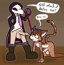 animal_mask anthro ball_size_difference balls beak_mask big_balls big_penis black_boots black_clothing black_footwear black_jacket black_nose black_robe black_topwear blue_clothing blue_hat blue_headwear blush bodily_fluids boots bottomwear bottomwear_down brown_body brown_fur brown_pupils brown_spots clothed clothing collar dialogue dirty_talk dominant dominant_human dominant_male duo erection footwear fur genital_fluids genitals glans gloves grey_bottomwear grey_clothing grey_gloves grey_handwear grey_pants handwear hat headgear headwear holding_leash holding_object human_on_anthro humanoid_genitalia humanoid_penis interspecies jacket leash leash_pull looking_at_another looking_up male male/male markings mask necktie orange_body orange_fur pants pants_down partially_clothed penis penis_size_difference pink_glans pink_necktie pink_penis plague_doctor precum pupils raised_tail red_collar red_leash robe shirt shoes smile speech_bubble spots spotted_body spotted_fur submissive submissive_anthro submissive_male tail tan_balls tan_body tan_fur tan_penis tan_skin text topwear white_clothing white_collar white_mask white_shirt white_topwear yellow_eyes ultilix domestic_cat felid feline felis human mammal 2023 english_text