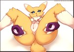 2021 absurd_res anthro anus bandai_namco black_nose blue_eyes breasts canid digimon digimon_(species) digital_drawing_(artwork) digital_media_(artwork) female genitals hi_res looking_at_viewer mammal monotone_background open_mouth pussy renamon shaded simple_background solo spread_legs spreading text url voicedbarley white_background
