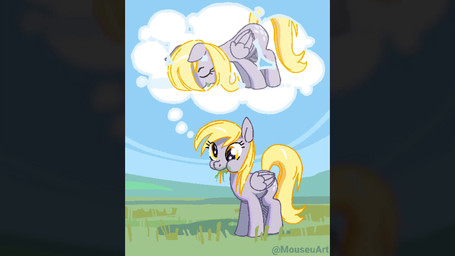 blonde_hair day derp_eyes derpy eating eyelashes female female_feral feral fur grass grazing grey_body grey_fur hair music outside plant quadruped sky solo standing thought_bubble wings yellow_eyes mouseuart friendship_is_magic hasbro my_little_pony derpy_hooves_(mlp) equid equine horse mammal pony 16:9 animated hi_res short_playtime sound video widescreen