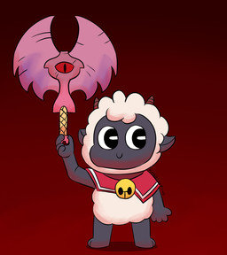ambiguous_gender anthro axe black_body black_fur cape cape_only chibi clothed clothing fur melee_weapon mostly_nude smile solo weapon white_body white_fur pixiecatsupreme cult_of_the_lamb massive_monster_(studio) lamb_(cult_of_the_lamb) red_crown_(cult_of_the_lamb) bovid caprine mammal sheep hi_res