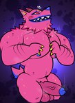 abstract_background anthro balls big_pecs blue_glans blue_nipples bodily_fluids emanata embarrassed erection fur genitals glans looking_at_viewer male muscular muscular_anthro muscular_male musk musk_clouds musky_penis nipples nude open_mouth pecs penis pink_body pink_fur ruff solo sweat teeth janjauwu epic_games fortnite andy_fangerson alebrije canid canine canis mammal wolf 2024 hi_res