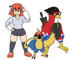 accessory beak black_body black_feathers blue_body blue_feathers bottomwear clothing eyewear feather_in_hair feathers female group gun hair hair_accessory hat headgear headwear orange_hair ranged_weapon red_body red_feathers shorts simple_background sunglasses weapon yellow_body yellow_feathers unknown_artist f-zero fakemon pokemon_clover bavi_(pokemon_clover) captain_falcon avian bird falcaptain fazeagle human mammal