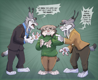 angry anthro barefoot bottomwear claws clothed clothed_anthro clothed_female clothed_male clothing dialogue feet female female_anthro feral fur grey_body grey_fur group male male_anthro pants pawpads paws text threatening trio yelling kattylender disney zootopia cattrick_lynxley kitty_lynxley pawbert_lynxley canada_lynx felid feline lynx mammal 2025 english_text hi_res brother_(lore) brother_and_sister_(lore) brothers_(lore) sibling_(lore) sister_(lore)