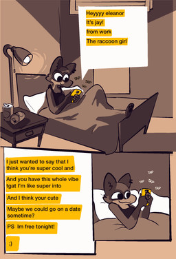 anthro bed female furniture lamp lying lying_on_bed on_bed pillow smile solo texting texting_ui toony under_covers vanilla_candy amelia_is_calling jay_(vanilla_candy) mammal procyonid raccoon comic hi_res restricted_palette