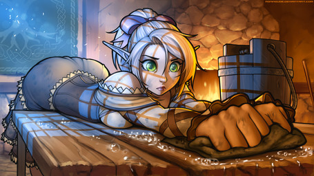 blonde_hair breasts bucket cleaning clothing container detailed_background dress female fire fireplace furniture green_eyes hair humanoid_pointy_ears inside not_furry pointy_ears ponytail ribbons solo table ronindude lin_(ronindude) elf humanoid 16:9 2015 hi_res widescreen