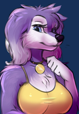 anthro arm_tuft black_nose blue_eyes cheek_tuft chest_tuft clothing eyelashes facial_tuft female floppy_ears fur glistening glistening_eyes glistening_nose head_tuft looking_at_viewer mouth_closed narrowed_eyes neckwear purple_body purple_ears purple_fur shoulder_tuft simple_background solo topwear transparent_background tuft unsigned white_body white_fur yellow_clothing yellow_topwear bloominglynx canid canine canis domestic_dog mammal 2022 absurd_res alpha_channel digital_media_(artwork) digital_painting_(artwork) half-length_portrait hi_res painting_(artwork) portrait