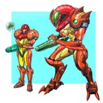 3_fingers 3_toes ambiguous_gender arm_cannon armor curvy_figure feet fingers group hourglass_figure machine power_armor red_armor science_fiction simple_background size_difference small_waist standing talons thick_thighs thin_calves toes varia_suit wide_hips koya_nexus metroid nintendo samus_aran alien avian chozo human mammal metroid_(species) digital_media_(artwork) hi_res female_(lore)