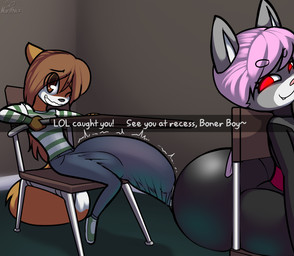 anthro big_penis bottomwear brown_body brown_hair bulge chair clothing dress duo erection erection_under_clothing exclamation_point female footwear furniture genitals hair huge_penis hyper hyper_genitalia hyper_penis loli looking_at_viewer male one_eye_closed pants penis pink_hair red_eyes school_desk shirt shoes shota sitting smile topwear young young_anthro young_female young_male norithics bethany_blacksboro luca_the_fox canid canine domestic_cat felid feline felis fox mammal