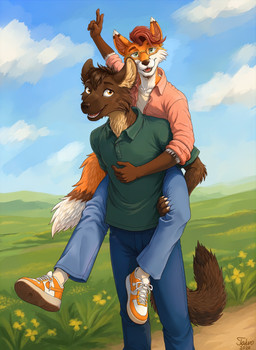 anthro brown_body brown_fur brown_hair carrying_another clothed clothing duo eyewear fluffy fluffy_tail footwear fur glasses grass hair lisnick_(character) male male/male meadow orange_body orange_fur piggyback plant red_hair shoes simple_background sky smile sneakers summer tail wearing_glasses tahvo_(artist) nike_dunk tahvo_(character) canid canine fox gulonine mammal marten mustelid musteline pine_marten absurd_res hi_res