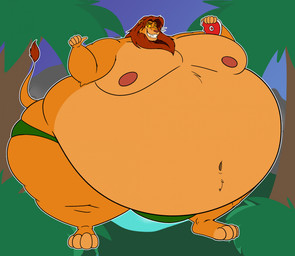 anthro belly big_belly clothing food huge_belly male mane moobs morbidly_obese nipples obese obese_male overweight overweight_male solo underwear weight_gain astonkitkat disney the_lion_king simba_(the_lion_king) felid lion mammal pantherine hi_res