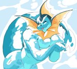 anthro anthrofied bent_over blep blue_background blue_body fin frill_(anatomy) looking_at_viewer male muscular muscular_anthro muscular_male nude one_eye_closed pecs pokemorph simple_background smile solo standing thick_thighs tongue tongue_out wink crimenes nintendo pokemon jet_(dahecksajerry) eeveelution generation_1_pokemon pokemon_(species) vaporeon 2024 hi_res