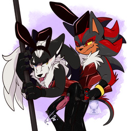 anal anal_orgasm anal_penetration animal_genitalia animal_penis anthro blush blush_lines bunny_costume canine_genitalia canine_penis clothing costume duo ejaculation fake_ears fake_rabbit_ears fluffy fluffy_chest from_behind_position genitals hands-free heterochromia holding_pole male male/male male_penetrated male_penetrating male_penetrating_male orgasm penetration penile penile_penetration penis penis_in_ass pole sex simple_background smile stripper_pole tail teeth tongue impydragon sega sonic_forces sonic_the_hedgehog_(series) infinite_(sonic) shadow_the_hedgehog watermark