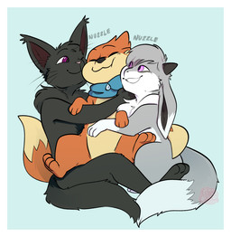 ambiguous_gender anthro border cuddling group group_hug horn hug hugging_another jewelry multi_tail necklace nuzzling scarf tail trio white_border eclairscollection nintendo pokemon caol_(caoleroni) buizel eevee felid feline generation_1_pokemon generation_4_pokemon mammal pokemon_(species)