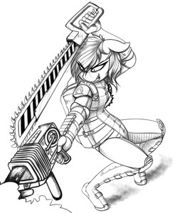 anthro anthrofied female gun ranged_weapon saw solo tools weapon replica_(artist) fallout hasbro microsoft my_little_pony fan_character replica_(oc) equid equine horse mammal pony 2018 absurd_res hi_res monochrome