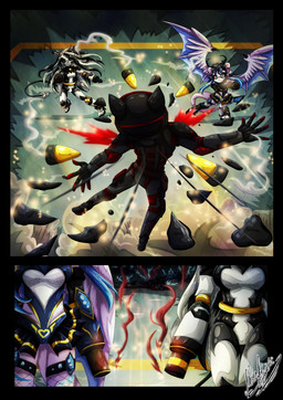 2_panel_comic anthro arm_cannon armor black_body black_hair blue_markings bullet cannon clothed clothed_anthro clothing fishnet_clothing fishnet_legwear footwear fully_clothed fully_clothed_anthro furred_wings gatling_gun gem golden_markings group gun gun_arm gun_smoke hair headgear helmet horn imminent_death legwear long_hair machine machine_gun markings midair minigun multicolored_body multicolored_hair nude_anthro pointy_ears ranged_weapon sandals shoes shrapnel smoke smoking_gun spade_tail spikes spikes_(anatomy) tail thin_tail topwear trio two_tone_body two_tone_hair weapon weapon_arm white_body white_hair wing_spikes wings yukariasano sega sonic_the_hedgehog_(series) thetis_(bonjolasermaster) velatis_ferio_caedo android robot unknown_species hi_res