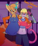 anthro big_tail blonde_hair blue_highlights bottomwear breasts clothed clothing cosplay detailed_background dipstick_ears duo ear_markings eyebrows eyewear female fur gesture glasses grin hair hand_gesture head_tuft highlights_(coloring) holidays long_tail midriff multicolored_ears navel number orange_body orange_fur overalls pants pink_nose purple_background shawl shirt shortalls simple_background smile tail text tongue tongue_out topwear tuft undershirt v_sign ohlordyit'sjordie halloween undertale undertale_(series) bratty_(undertale) catty_(undertale) jordie_(ohlordyit'sjordie) mairi_nigalya_ponya ailurid american_opossum mammal marsupial red_panda virginia_opossum 2019 digital_media_(artwork) english_text nonbinary_(lore) trans_(lore) trans_woman_(lore)