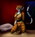 bed bedding breasts clothed clothing female fur furniture looking_at_viewer markings orange_body orange_fur solo striped_markings striped_tail stripes tail tail_markings astraldog dreamworks kung_fu_panda master_tigress felid mammal pantherine tiger hi_res