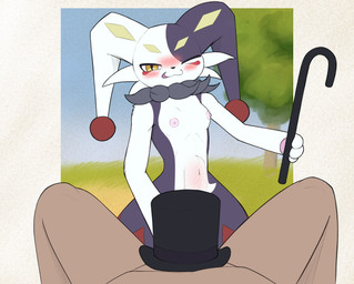 abdominal_bulge anthro breasts clothing duo female first_person_view genitals hat hat_on_penis headgear headwear interspecies jester looking_at_viewer male male/female male_pov nipples palmorph small_breasts smile smug_face standing walking_stick wide_hips yellow_eyes redeye palworld pocketpair dupin_(pal) human humanoid lagomorph leporid mammal pal_(species) rabbit absurd_res digital_media_(artwork) hi_res