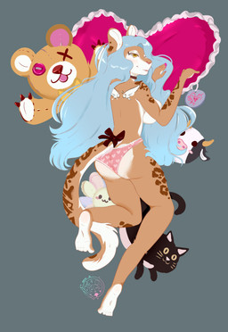 anthro blue_hair clothing female fur hair inside lingerie long_hair looking_at_viewer looking_back lying on_front panties pillow plushie presenting simple_background solo spot_pattern suggestive tail underwear aomi mioa felid feline leopard mammal pantherine digital_media_(artwork) hi_res