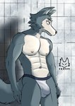 abs anthro biceps biped bulge claws clothing detailed_bulge fur half_naked jockstrap male male_anthro multicolored_body multicolored_fur muscular muscular_male nipples pecs scar side_view simple_background solo tail two_tone_body two_tone_fur underwear xzenonart beastars legoshi_(beastars) canid canine canis mammal wolf absurd_res hi_res