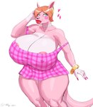 anthro areola big_breasts blue_eyes blush blush_stickers bracelet breasts clothing dress ear_piercing ear_ring female gloves_(marking) hair heart_symbol hoop_ear_ring huge_breasts jewelry lipstick makeup markings nipple_outline orange_hair piercing pink_areola ring_piercing smile solo thick_thighs plankboy animal_crossing nintendo marcie_(animal_crossing) kangaroo macropod mammal marsupial 2022 absurd_res hi_res