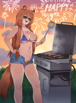 american_flag_bikini bangs barbecue beer_bottle big_breasts bikini biped blue_bikini blue_clothing blue_swimwear bottle bottomwear breast_tattoo breasts burger_patty chest_tattoo cleavage clothed clothed_female clothed_humanoid clothing cloud container cooking denim denim_bottomwear denim_clothing denim_shorts eyewear female female_humanoid fireworks flag_bikini flag_swimwear food glistening glistening_body glistening_skin hair hand_on_hip hand_on_own_hip holding_object holding_spatula holding_tool holidays hotpants inner_ear_fluff long_hair looking_at_viewer meat multicolored_bikini multicolored_clothing multicolored_swimwear navel open_bottomwear open_clothing open_mouth open_shorts open_smile orange_ears orange_hair orange_pubes orange_sky orange_tail outside plant propane_tank pubes pupils purple_tattoo red_bikini red_clothing red_eyes red_swimwear sausage shorts shrub skimpy sky smile smiling_at_viewer smoke solo spatula standing sun sunglasses sunset swimwear tail tan_inner_ear tan_inner_ear_fluff tattoo teeth tools tuft two-piece_swimsuit white_bikini white_clothing white_pupils white_swimwear mocomori 4th_of_july the_rising_of_the_shield_hero raphtalia animal_humanoid canid canid_humanoid canine canine_humanoid humanoid mammal mammal_humanoid tanuki_humanoid 2026 hi_res