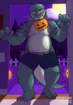 anthro basket belly big_belly bottomwear building cellphone claws clothing container costume denim denim_bottomwear denim_clothing detailed_background door electronics fangs full_moon group halloween_costume holding_object holidays house jack-o'-lantern jeans looking_at_viewer male moon musclegut muscular muscular_male night pants phone scales smile tattoo teeth torn_bottomwear torn_clothing torn_jeans torn_pants trick_or_treat mothyking halloween background_character frankenstein torfi crocodilian reptile scalie absurd_res digital_media_(artwork) digital_painting_(artwork) hi_res