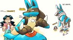 anthro black_fingers black_hair black_legs blue_ears blue_tail bottomwear chest_spike clothed clothing feral fully_clothed hair pants pink_clothing pink_tongue pink_topwear spikes spikes_(anatomy) tail teeth tentacles text tongue topwear dahecksajerry nintendo pokemon generation_1_pokemon generation_4_pokemon human lucario mammal pokemon_(species) tentacruel english_text