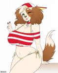 anthro big_breasts breasts brown_hair clothing collar curvy_figure female gesture green_eyes hair hand_gesture hat headgear headwear huge_breasts navel one_eye_closed slightly_chubby solo thick_thighs v_sign voluptuous wide_hips wink boxollie bailey_(boxollie) bird_dog canid canine canis cavalier_king_charles_spaniel domestic_dog hunting_dog mammal spaniel toy_dog 2017 hi_res