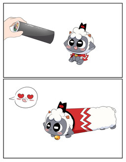 2_panel_comic ambiguous_gender anthro black_border blush border cape clothing food fur group horn male red_horn tongue tongue_out white_body white_fur wool_(fur) cotton3962 cult_of_the_lamb massive_monster_(studio) lamb_(cult_of_the_lamb) red_crown_(cult_of_the_lamb) bovid caprine human mammal sheep 2026 comic hi_res