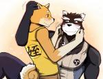 anthro biceps black_body black_fur duo fur male muscular muscular_male pecs simple_background bearlovestiger13 tooboe_bookmark natsume_(tooboe_bookmark) nitobe canid canine canis domestic_dog mammal