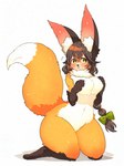 accessory anthro big_breasts big_ears blush braided_hair breasts brown_hair covering covering_breasts curvy_figure dipstick_tail eyebrows eyelashes female fur gloves_(marking) green_eyes hair hair_accessory inner_ear_fluff kemono leg_markings looking_at_viewer markings navel neck_tuft nude orange_body orange_fur pawpads socks_(marking) solo tail tail_markings thick_thighs tuft white_body white_fur wide_hips toconikky canid canine fox mammal 2025 hi_res