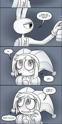anthro blank_stare blush clothed clothing duo embarrassed fool's_hat hat headgear headwear paint sigh smile spray_paint standing text wall_(structure) absolutedream glitch_productions the_amazing_digital_circus jax_(tadc) pomni_(tadc) human lagomorph leporid mammal rabbit absurd_res comic english_text hi_res long_image painting_(artwork) tall_image