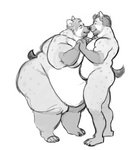 anthro belly boop butt duo facial_hair male male/male moobs nipples nose_boop nude obese obese_anthro overweight overweight_anthro overweight_male simple_background smile yasano hyena mammal 2020 black_and_white digital_media_(artwork) hi_res monochrome