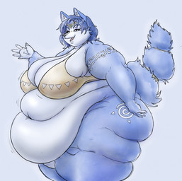 anthro band_(marking) banded_tail belly belly_jiggle big_belly big_breasts bikini bikini_top blue_body blue_fur blue_hair breasts circlet clothing female fupa fur hair huge_belly huge_breasts jiggling looking_at_viewer markings morbidly_obese morbidly_obese_anthro morbidly_obese_female motion_lines obese obese_anthro obese_female overweight overweight_anthro overweight_female raised_hand raised_tail simple_background smile solo swimwear tail tail_markings thick_arms thick_thighs two-piece_swimsuit ryoxxl nintendo star_fox krystal_(star_fox) hi_res