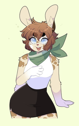 anthro bagel blue_eyes bottomwear bread brown_hair clothing eyewear female food glasses hair scarf short_hair simple_background skirt solo wife unknown_artist lagomorph leporid mammal rabbit hi_res